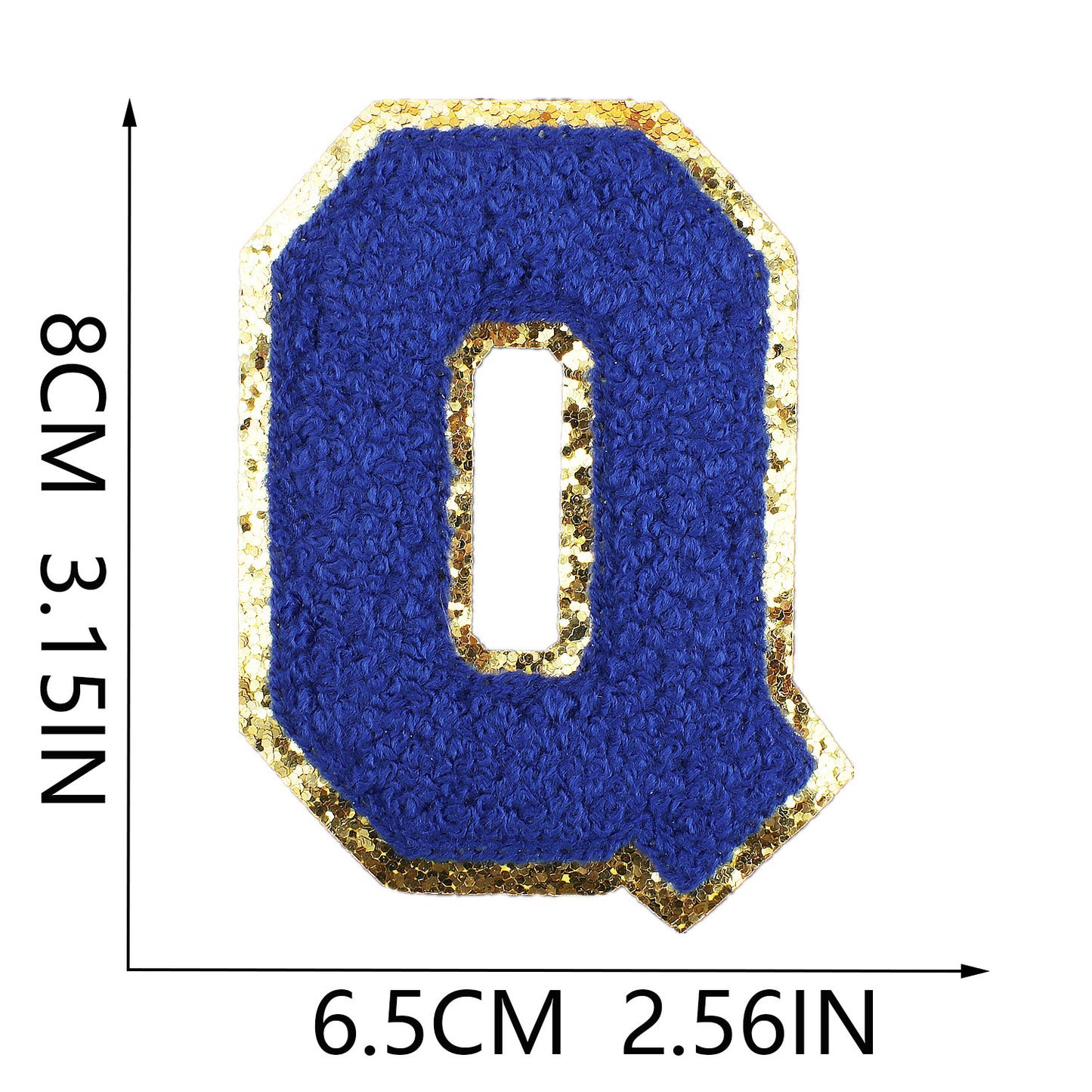 Iron-On Chenille Letter Patch – 8cm Tall, Navy Blue Letter with Gold Glitter Edge