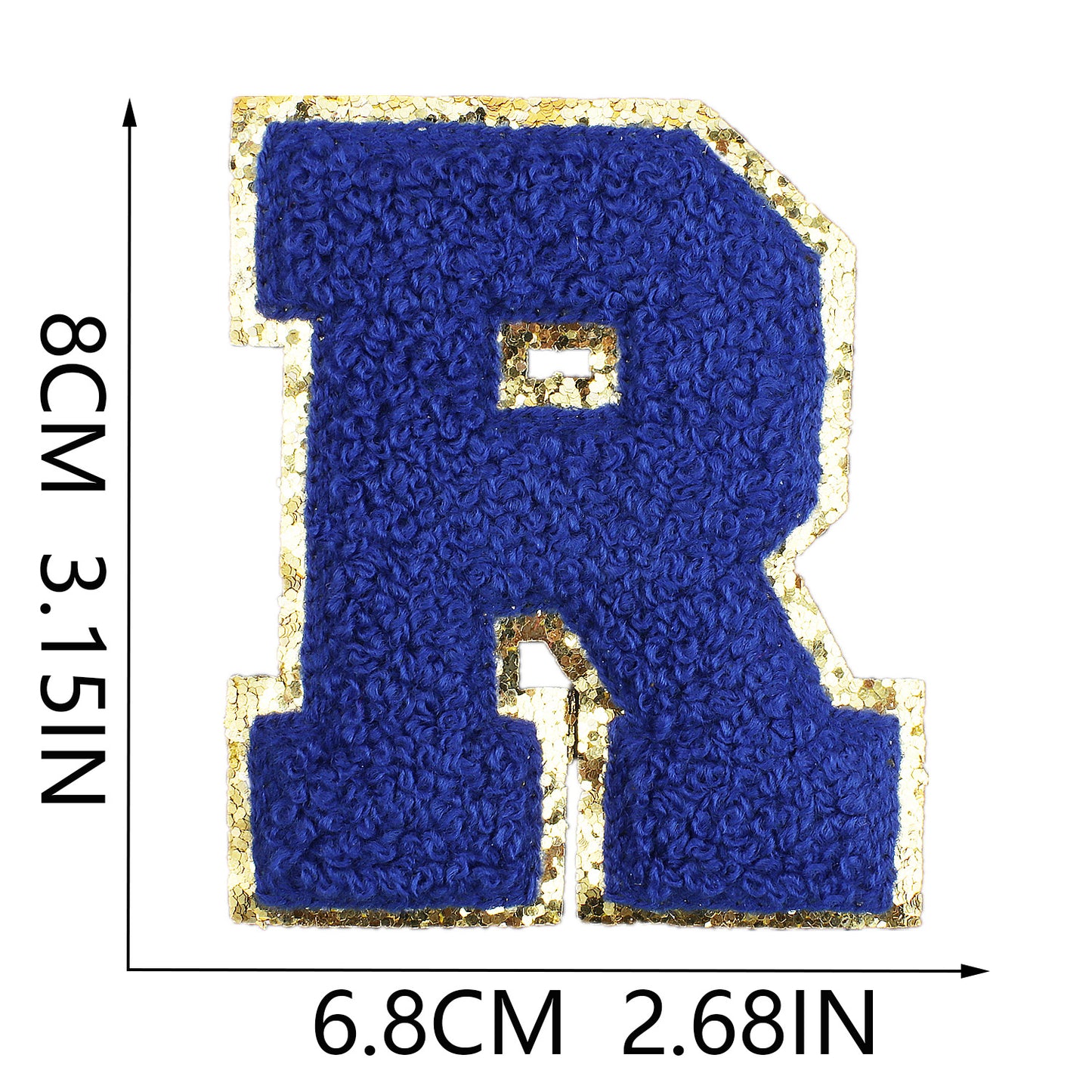 Iron-On Chenille Letter Patch – 8cm Tall, Navy Blue Letter with Gold Glitter Edge
