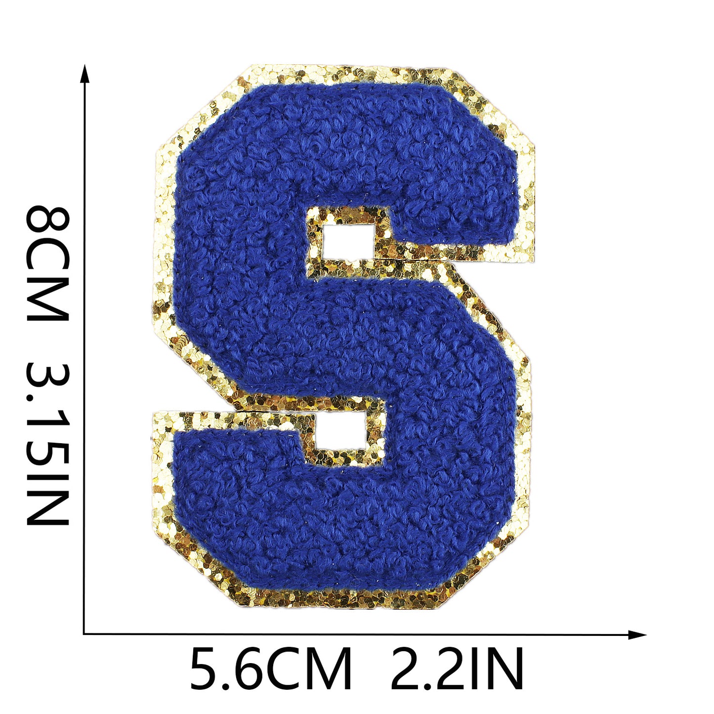 Iron-On Chenille Letter Patch – 8cm Tall, Navy Blue Letter with Gold Glitter Edge