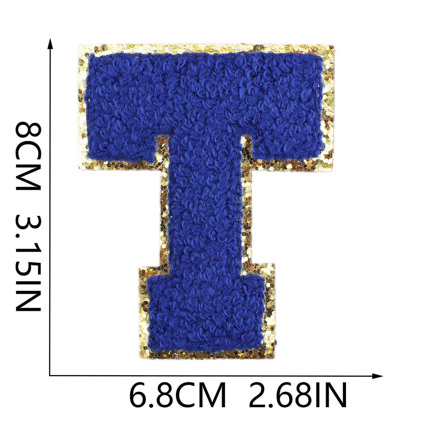Iron-On Chenille Letter Patch – 8cm Tall, Navy Blue Letter with Gold Glitter Edge