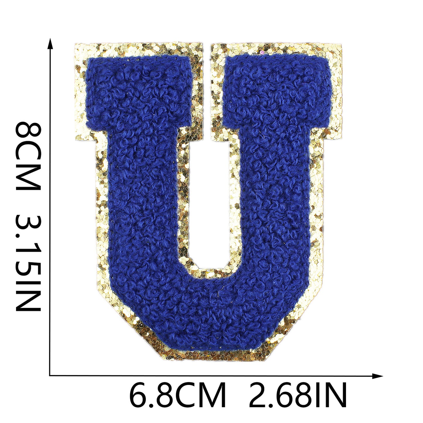 Iron-On Chenille Letter Patch – 8cm Tall, Navy Blue Letter with Gold Glitter Edge