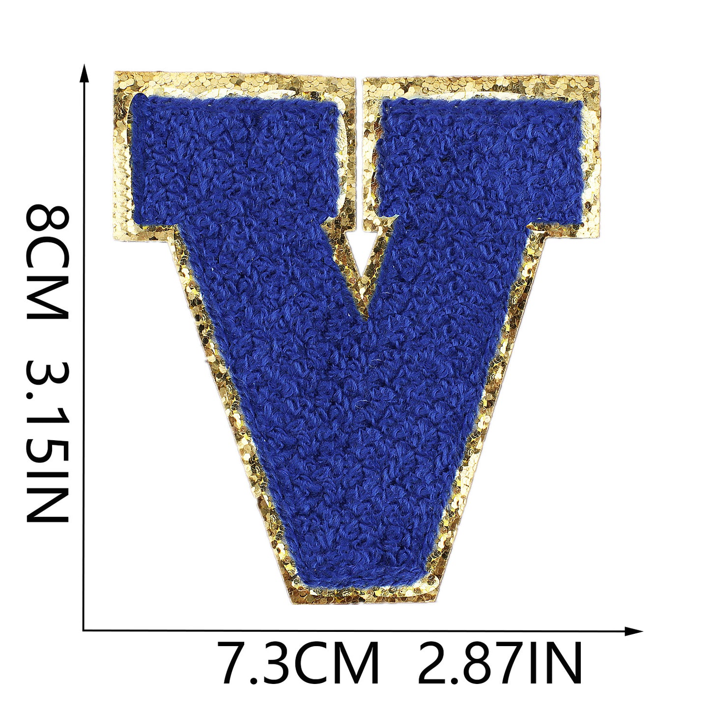 Iron-On Chenille Letter Patch – 8cm Tall, Navy Blue Letter with Gold Glitter Edge