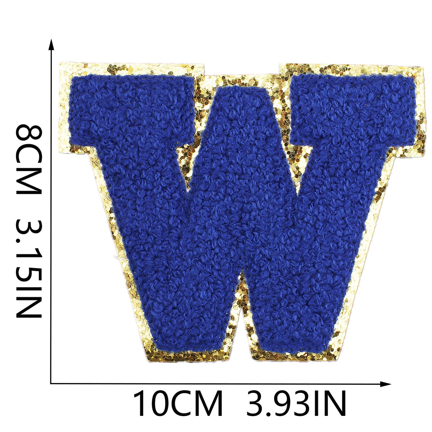 Iron-On Chenille Letter Patch – 8cm Tall, Navy Blue Letter with Gold Glitter Edge