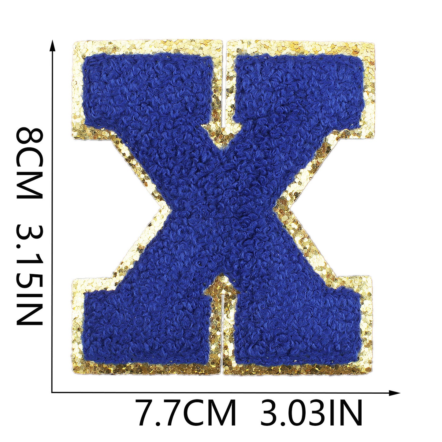 Iron-On Chenille Letter Patch – 8cm Tall, Navy Blue Letter with Gold Glitter Edge