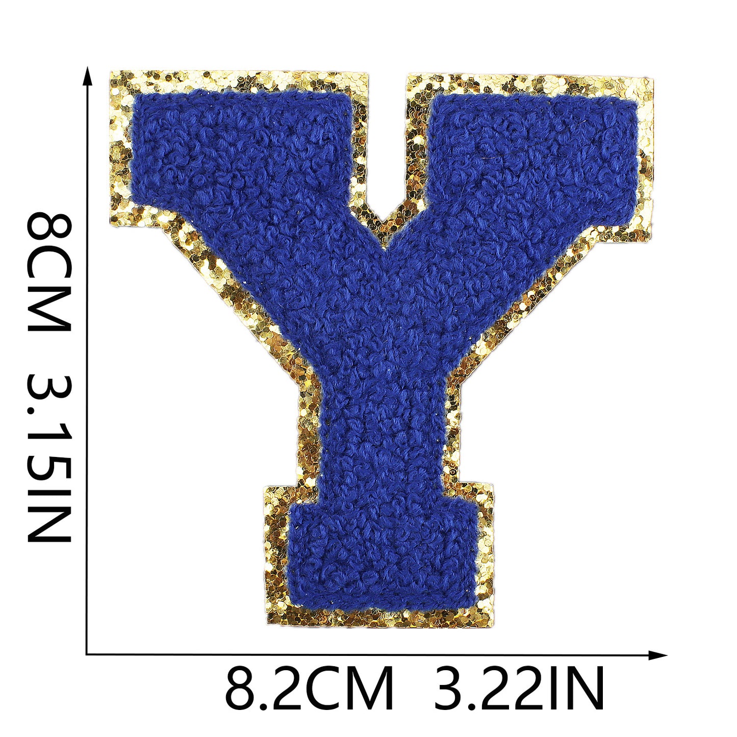 Iron-On Chenille Letter Patch – 8cm Tall, Navy Blue Letter with Gold Glitter Edge