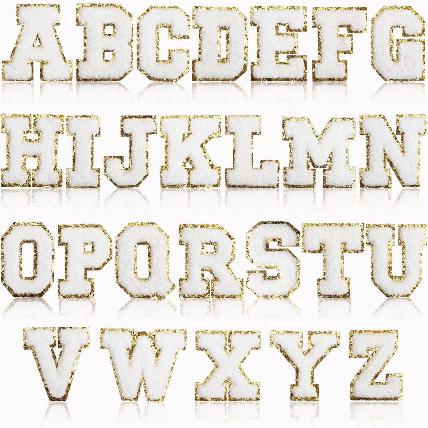 Iron-On Chenille Letter Patch – 6cm Tall, White Letter with Gold Glitter Edge