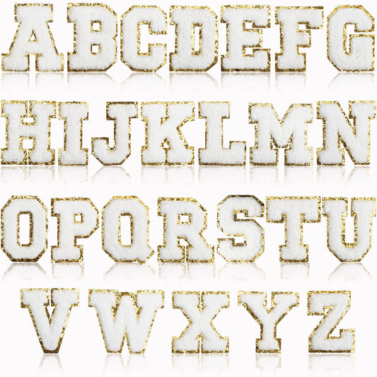 Iron-On Chenille Letter Patch – 6cm Tall, White Letter with Gold Glitter Edge