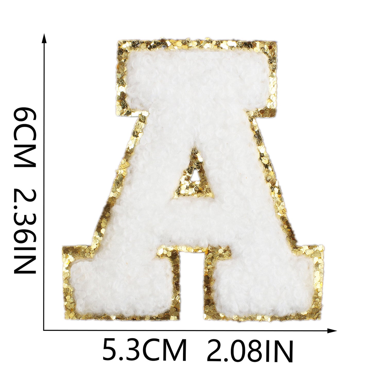 Iron-On Chenille Letter Patch – 6cm Tall, White Letter with Gold Glitter Edge