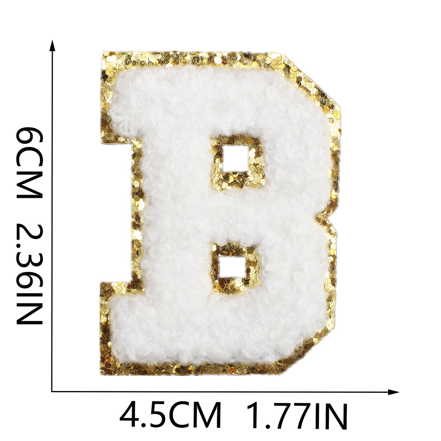 Iron-On Chenille Letter Patch – 6cm Tall, White Letter with Gold Glitter Edge