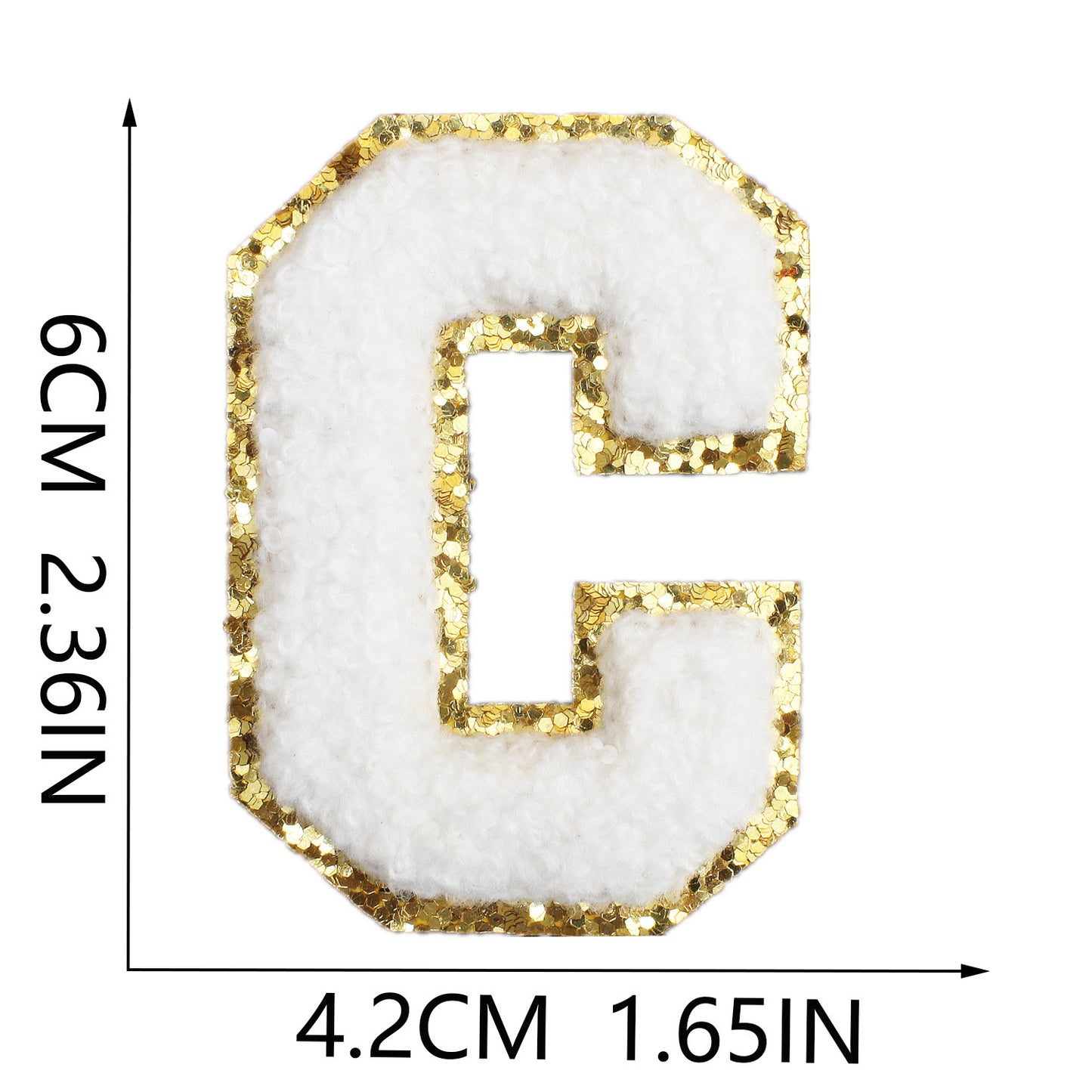 Iron-On Chenille Letter Patch – 6cm Tall, White Letter with Gold Glitter Edge