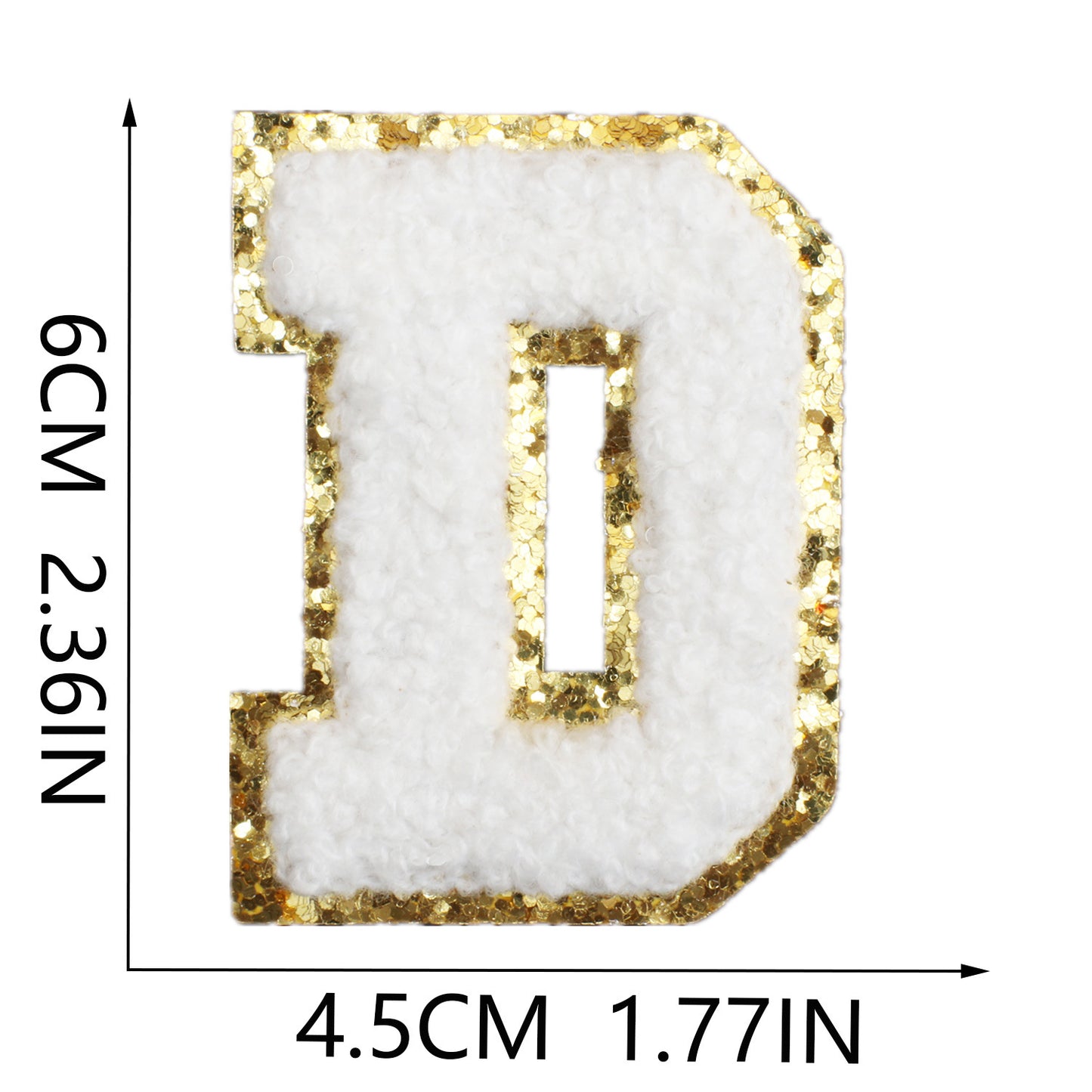 Iron-On Chenille Letter Patch – 6cm Tall, White Letter with Gold Glitter Edge