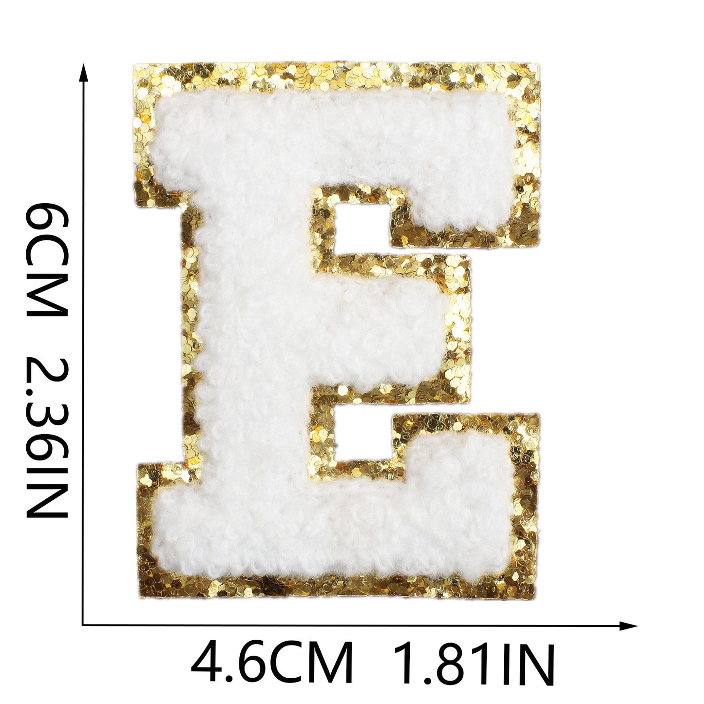 Iron-On Chenille Letter Patch – 6cm Tall, White Letter with Gold Glitter Edge