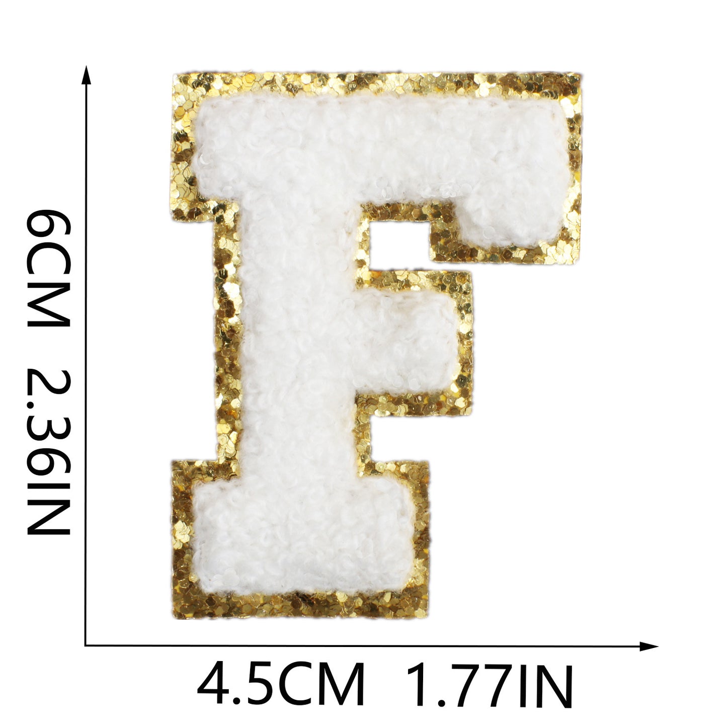Iron-On Chenille Letter Patch – 6cm Tall, White Letter with Gold Glitter Edge
