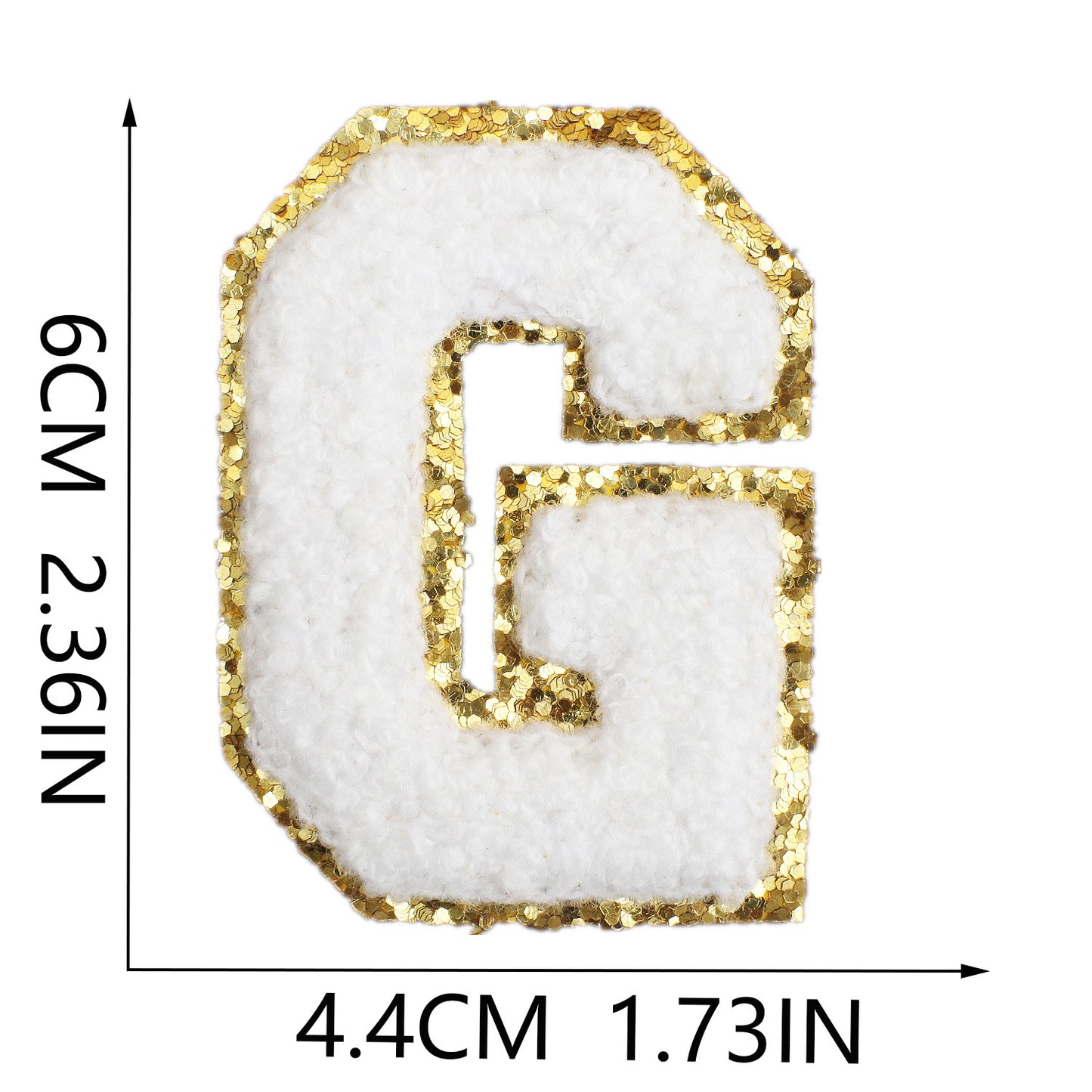 Iron-On Chenille Letter Patch – 6cm Tall, White Letter with Gold Glitter Edge