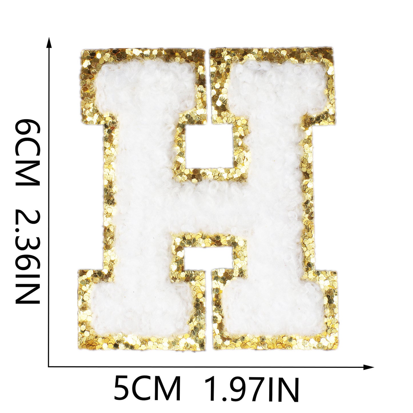 Iron-On Chenille Letter Patch – 6cm Tall, White Letter with Gold Glitter Edge
