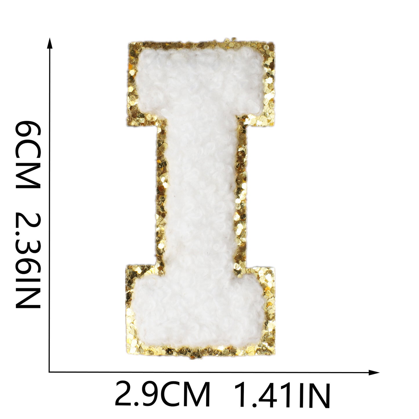 Iron-On Chenille Letter Patch – 6cm Tall, White Letter with Gold Glitter Edge
