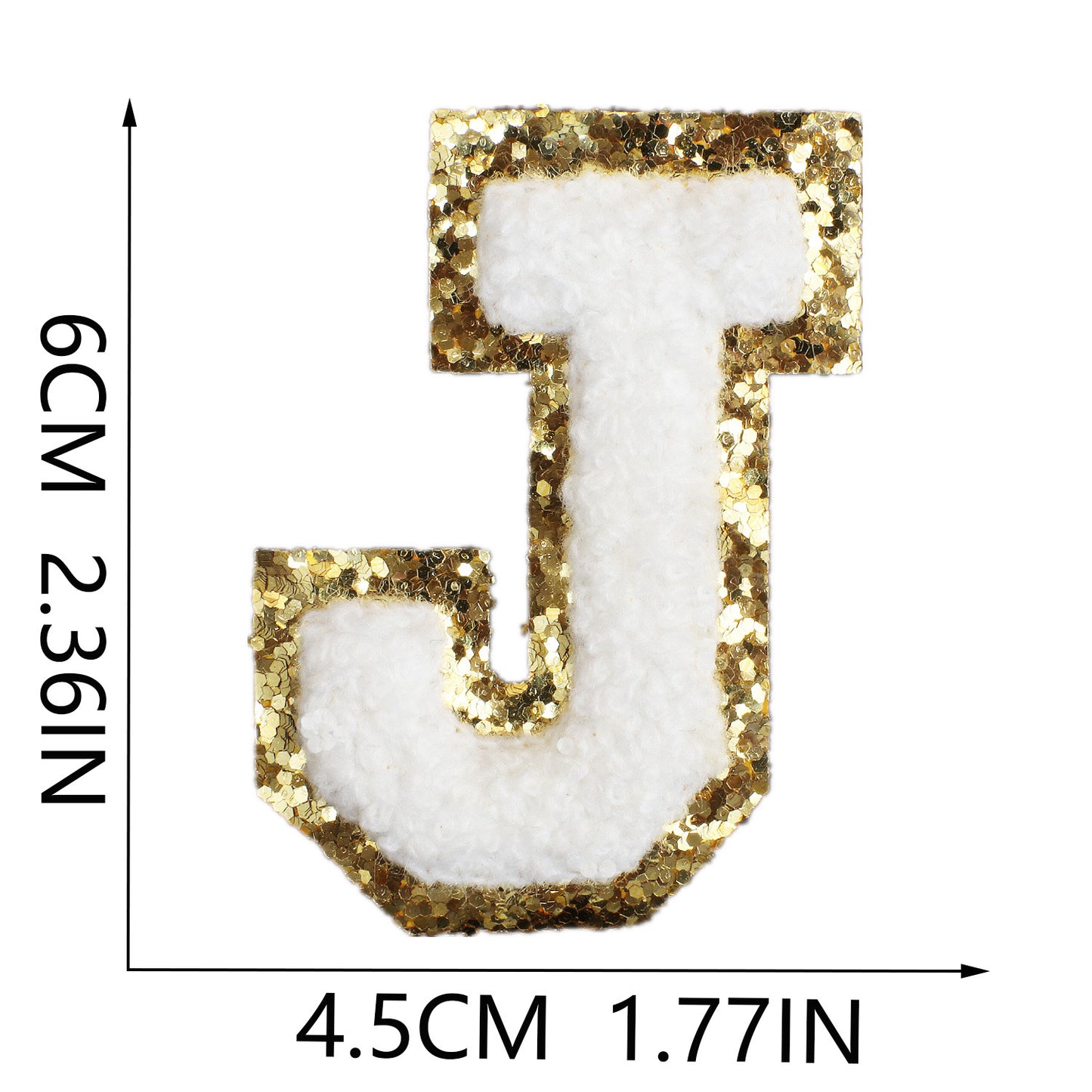 Iron-On Chenille Letter Patch – 6cm Tall, White Letter with Gold Glitter Edge