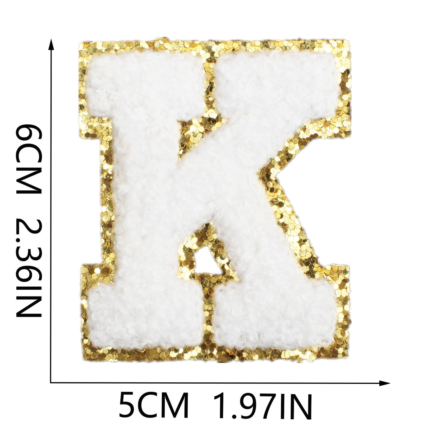 Iron-On Chenille Letter Patch – 6cm Tall, White Letter with Gold Glitter Edge