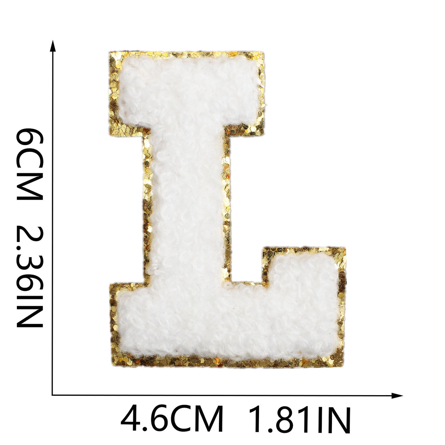 Iron-On Chenille Letter Patch – 6cm Tall, White Letter with Gold Glitter Edge