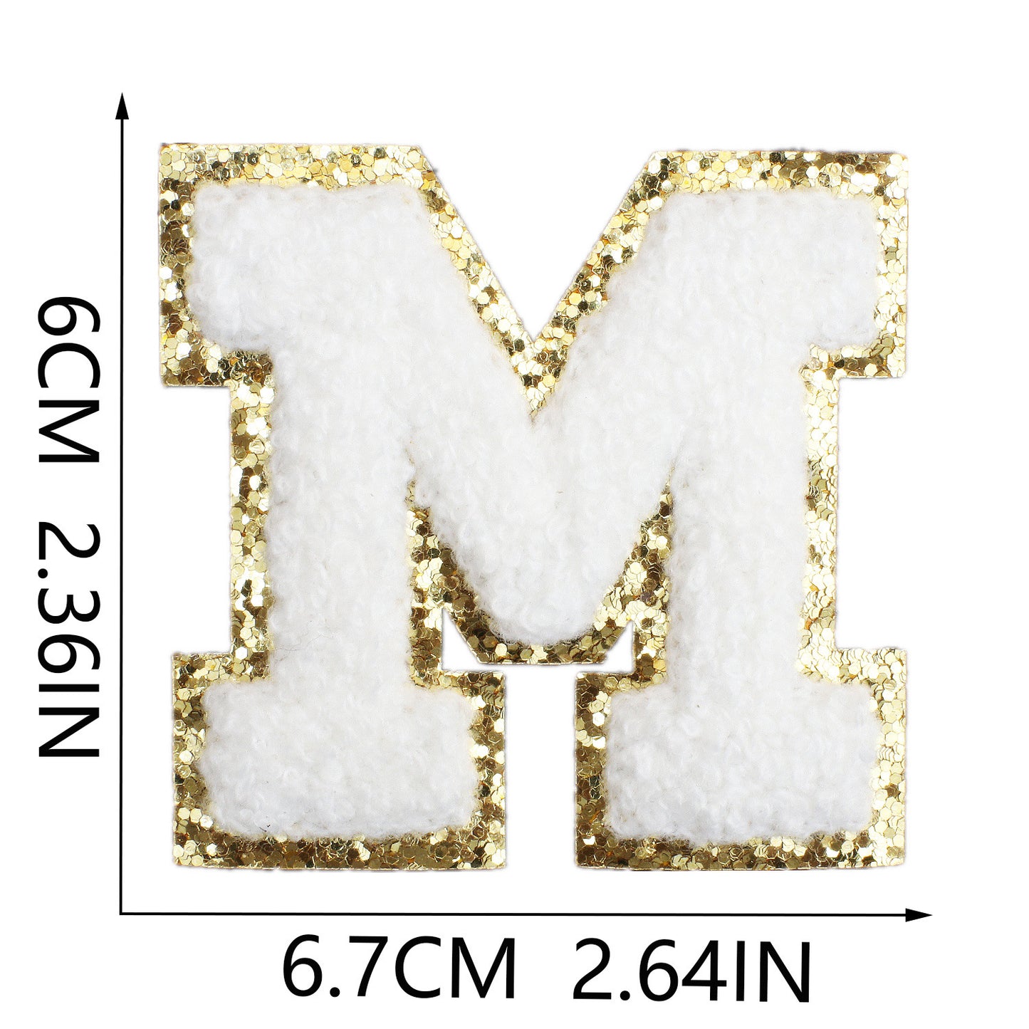 Iron-On Chenille Letter Patch – 6cm Tall, White Letter with Gold Glitter Edge