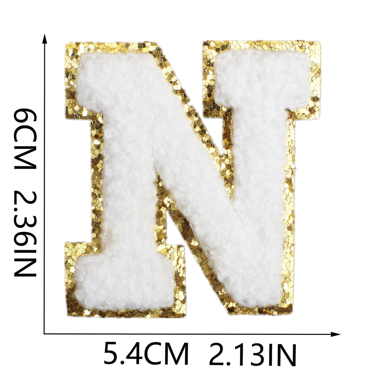 Iron-On Chenille Letter Patch – 6cm Tall, White Letter with Gold Glitter Edge