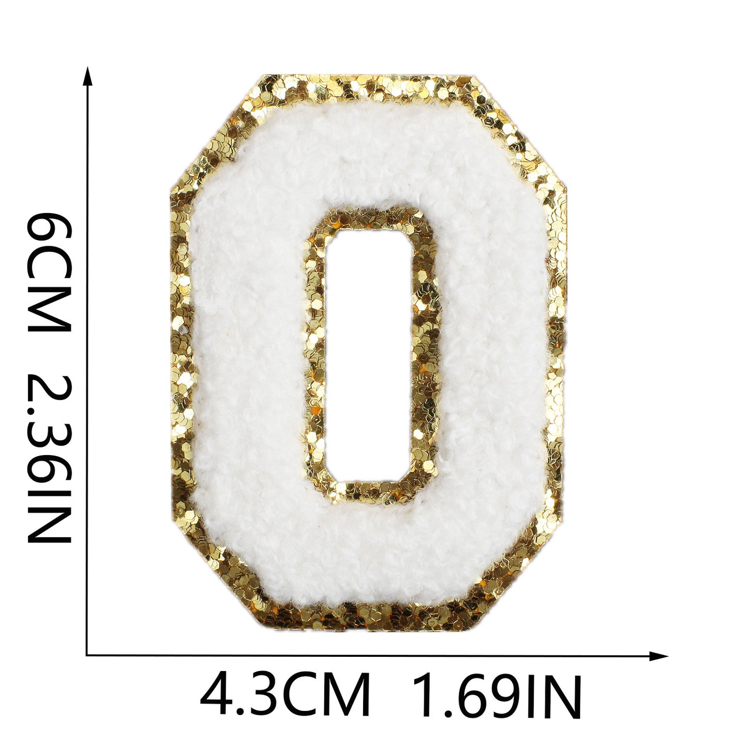 Iron-On Chenille Letter Patch – 6cm Tall, White Letter with Gold Glitter Edge