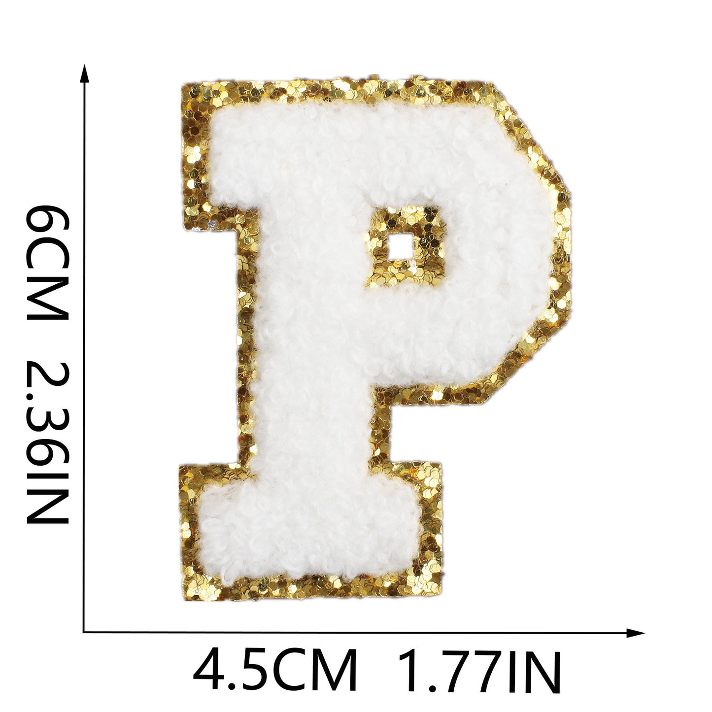 Iron-On Chenille Letter Patch – 6cm Tall, White Letter with Gold Glitter Edge