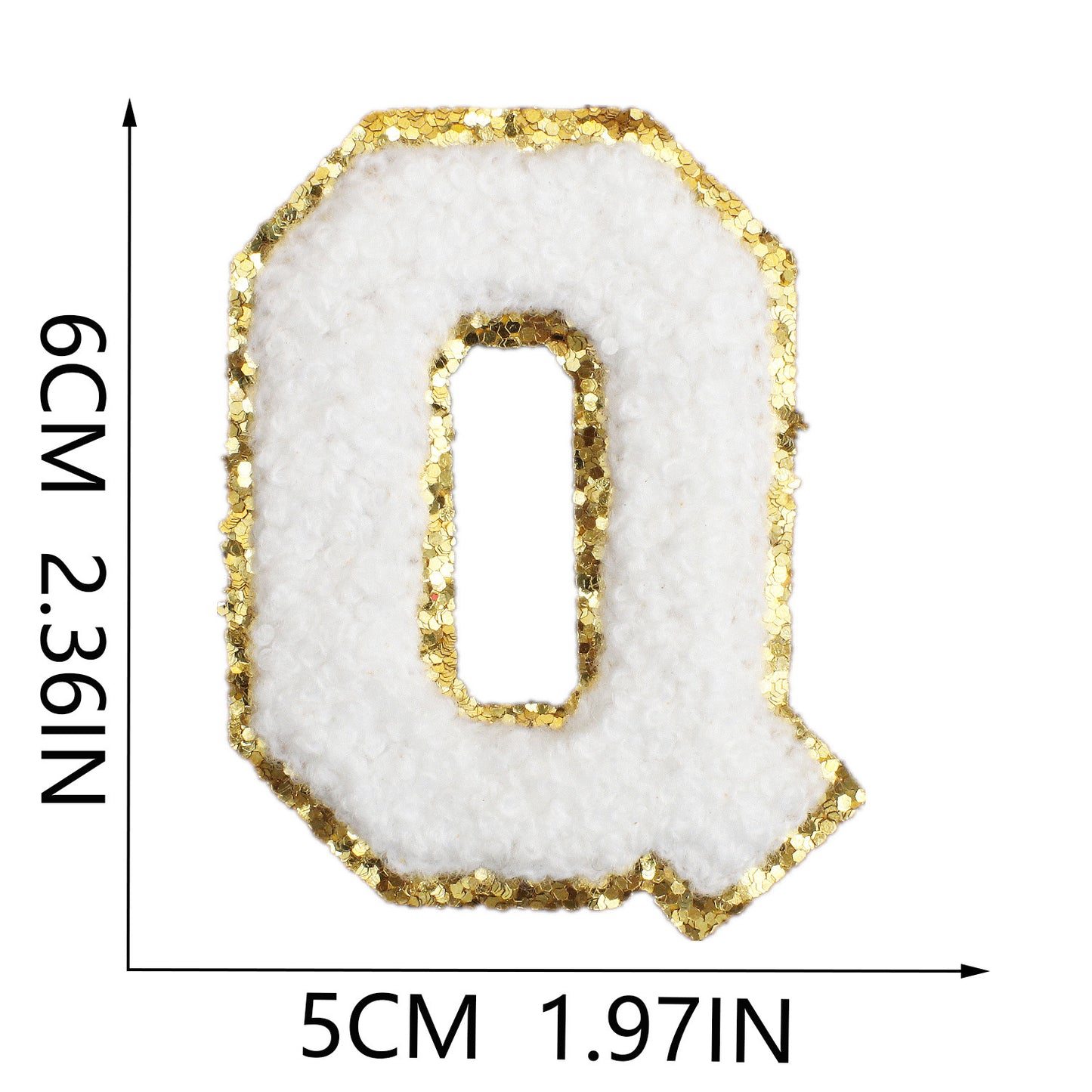 Iron-On Chenille Letter Patch – 6cm Tall, White Letter with Gold Glitter Edge