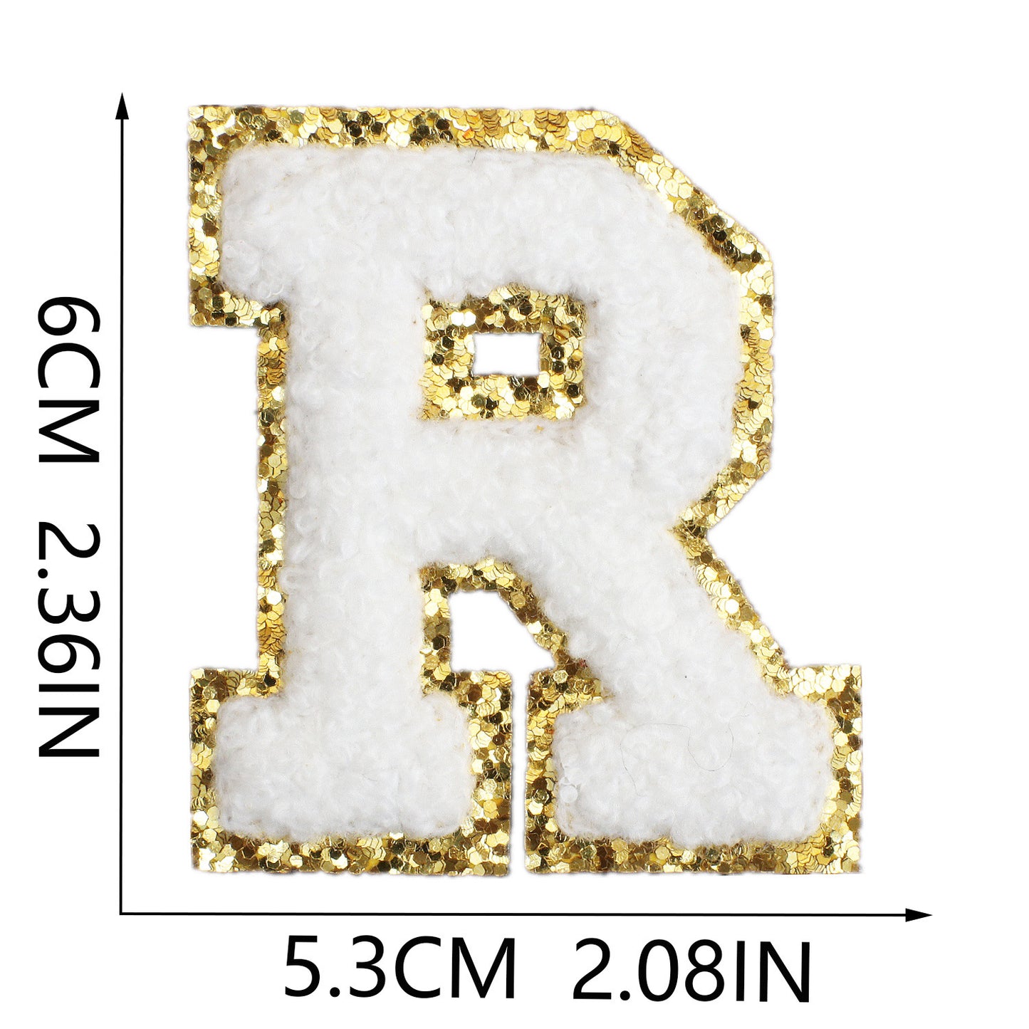 Iron-On Chenille Letter Patch – 6cm Tall, White Letter with Gold Glitter Edge