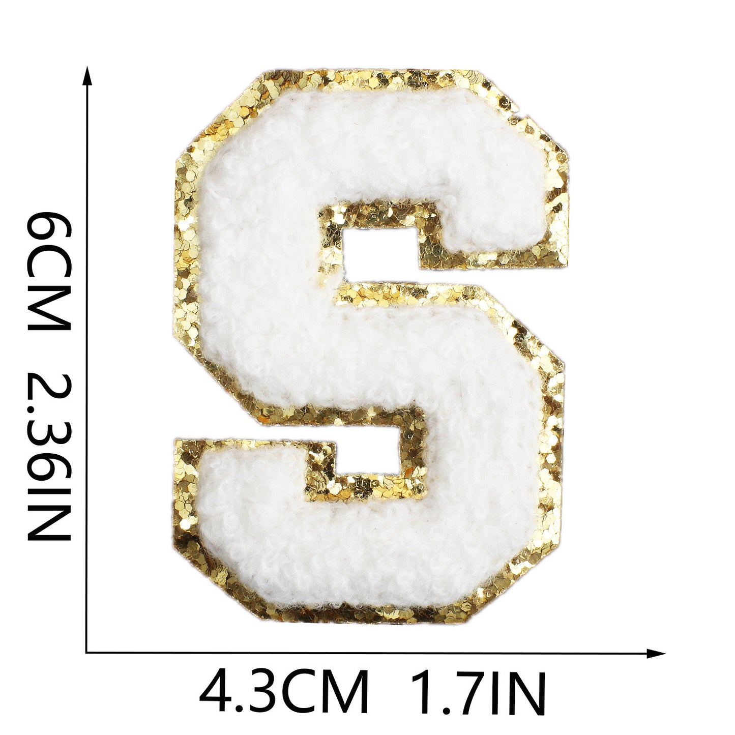 Iron-On Chenille Letter Patch – 6cm Tall, White Letter with Gold Glitter Edge
