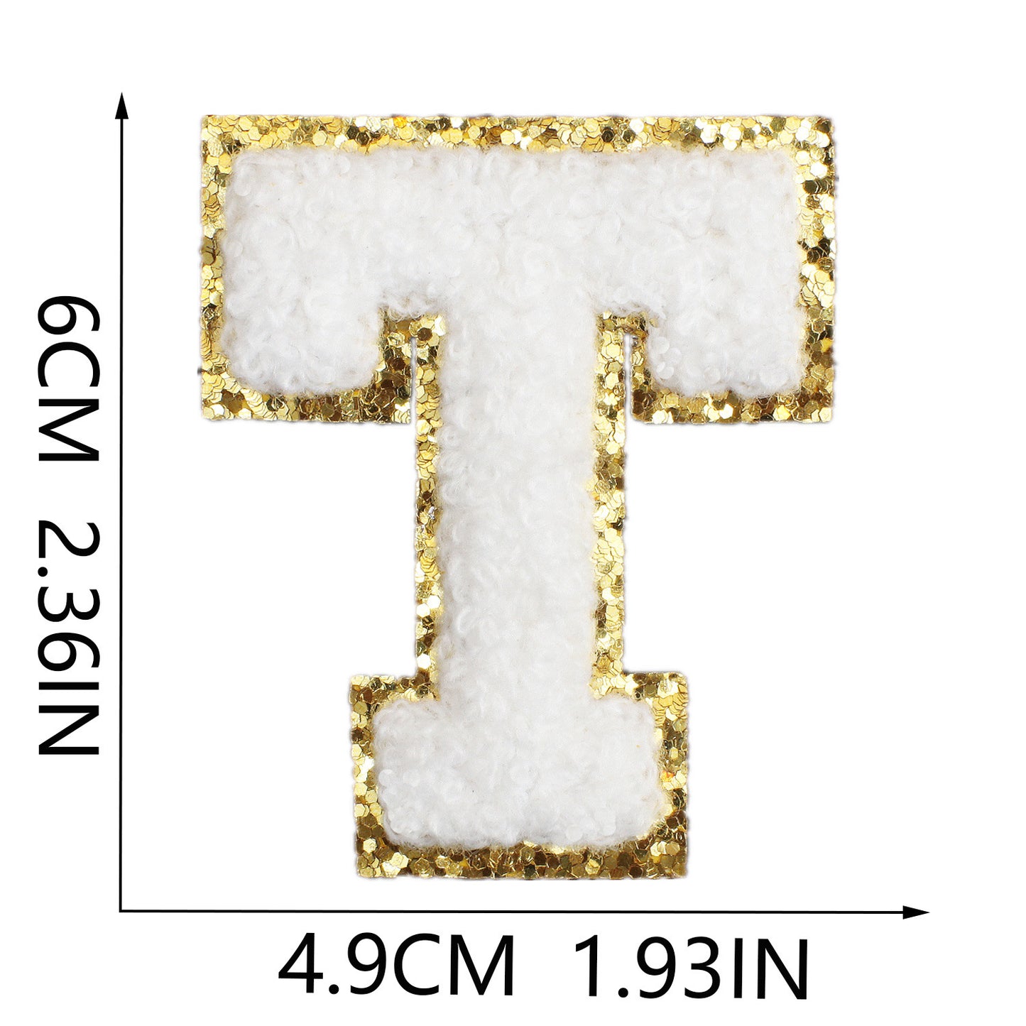 Iron-On Chenille Letter Patch – 6cm Tall, White Letter with Gold Glitter Edge
