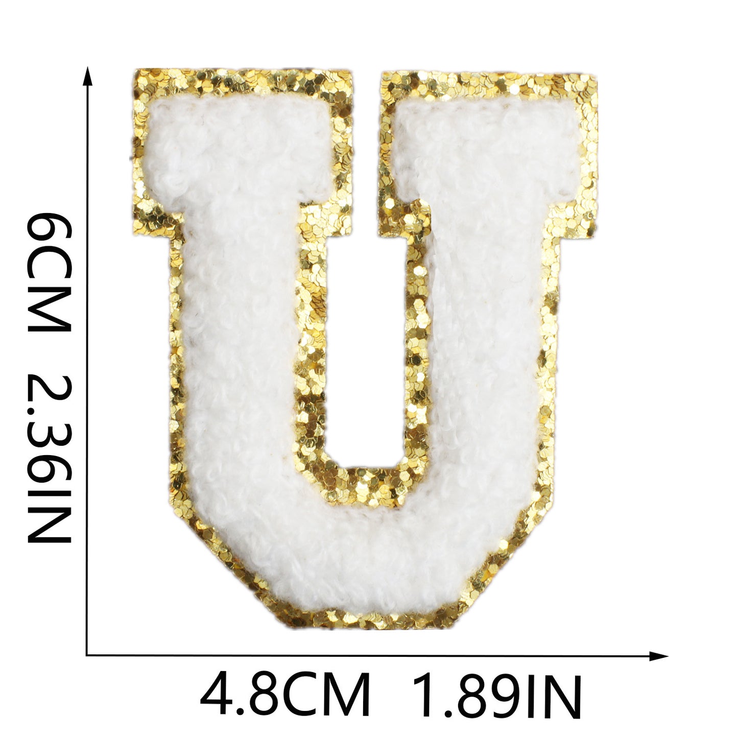 Iron-On Chenille Letter Patch – 6cm Tall, White Letter with Gold Glitter Edge