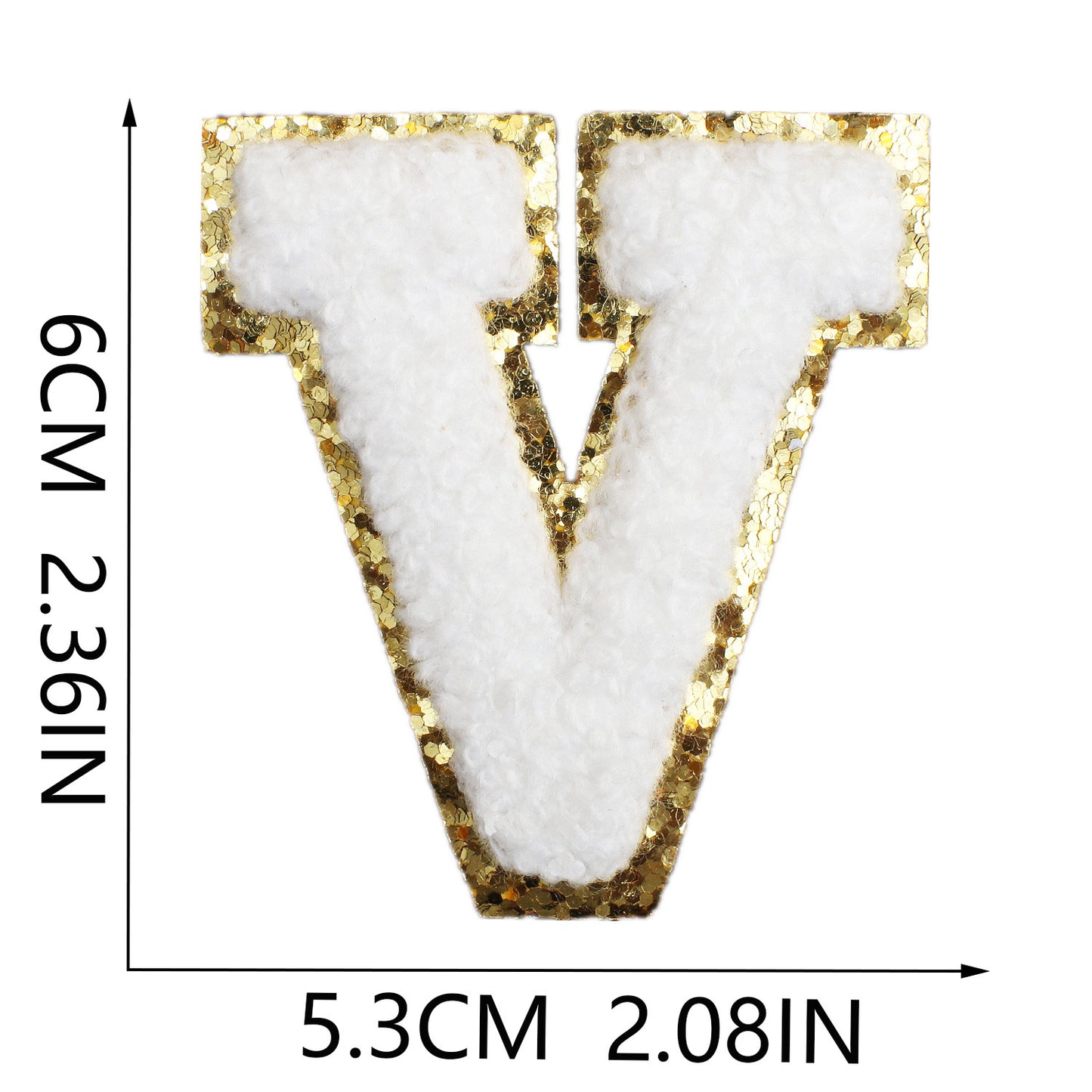 Iron-On Chenille Letter Patch – 6cm Tall, White Letter with Gold Glitter Edge