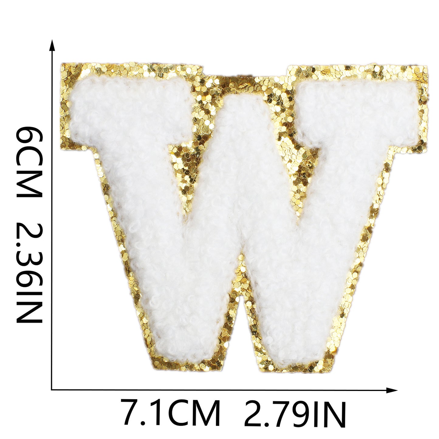 Iron-On Chenille Letter Patch – 6cm Tall, White Letter with Gold Glitter Edge