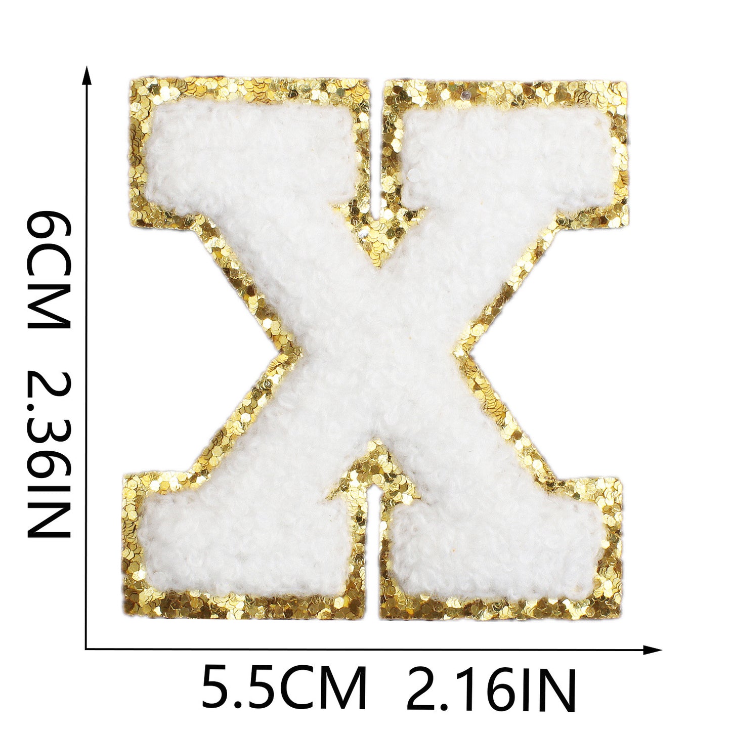 Iron-On Chenille Letter Patch – 6cm Tall, White Letter with Gold Glitter Edge