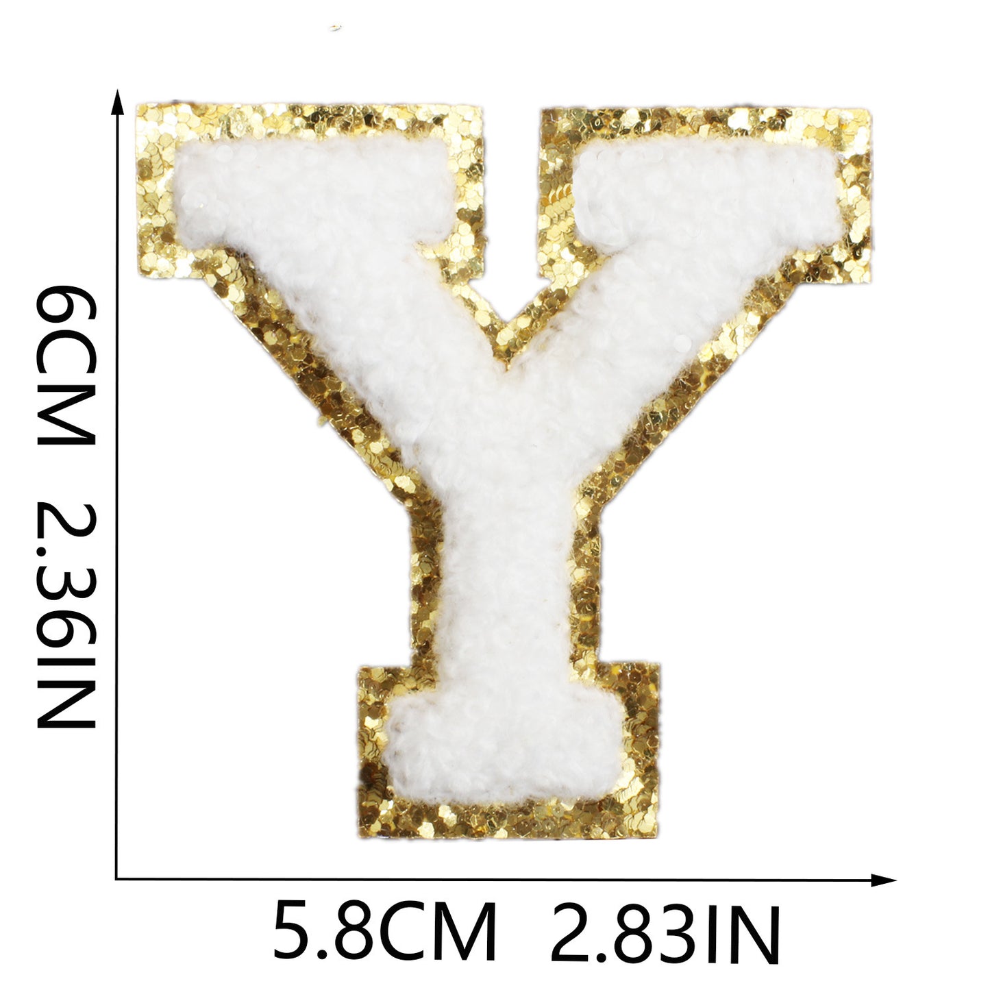 Iron-On Chenille Letter Patch – 6cm Tall, White Letter with Gold Glitter Edge