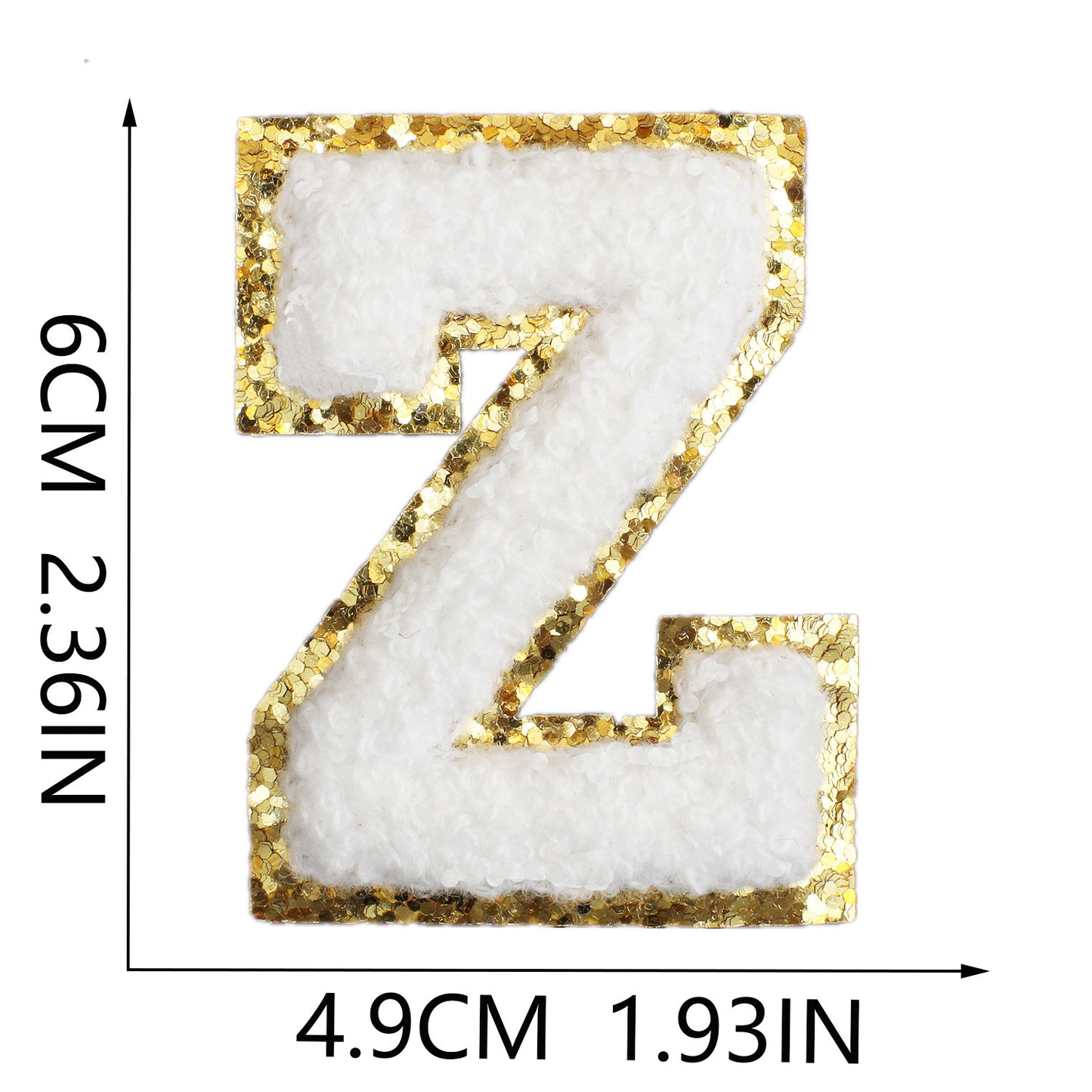Iron-On Chenille Letter Patch – 6cm Tall, White Letter with Gold Glitter Edge