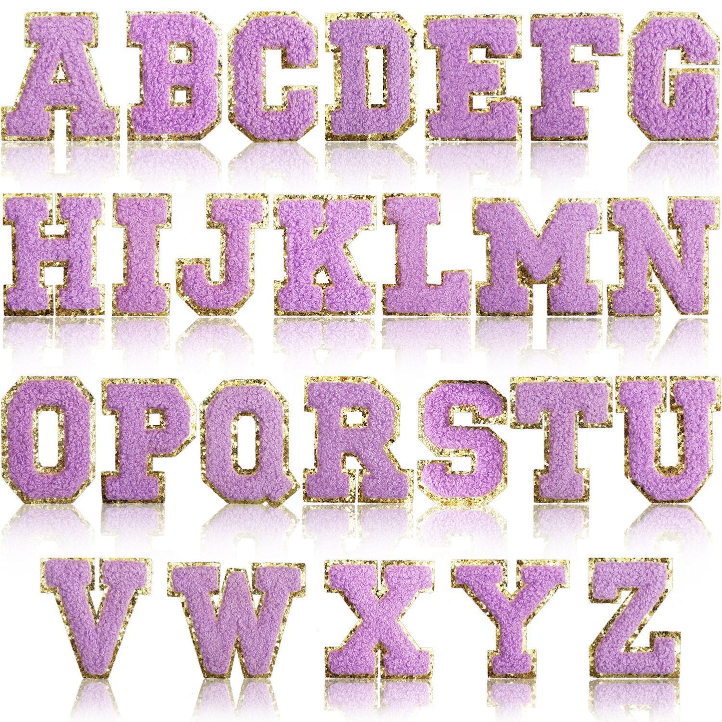 Iron-On Chenille Letter Patch – 6cm Tall, Purple Letter with Gold Glitter Edge