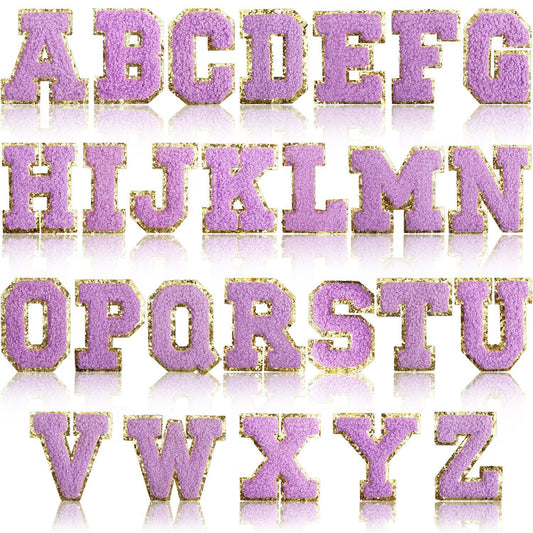 Iron-On Chenille Letter Patch – 6cm Tall, Purple Letter with Gold Glitter Edge