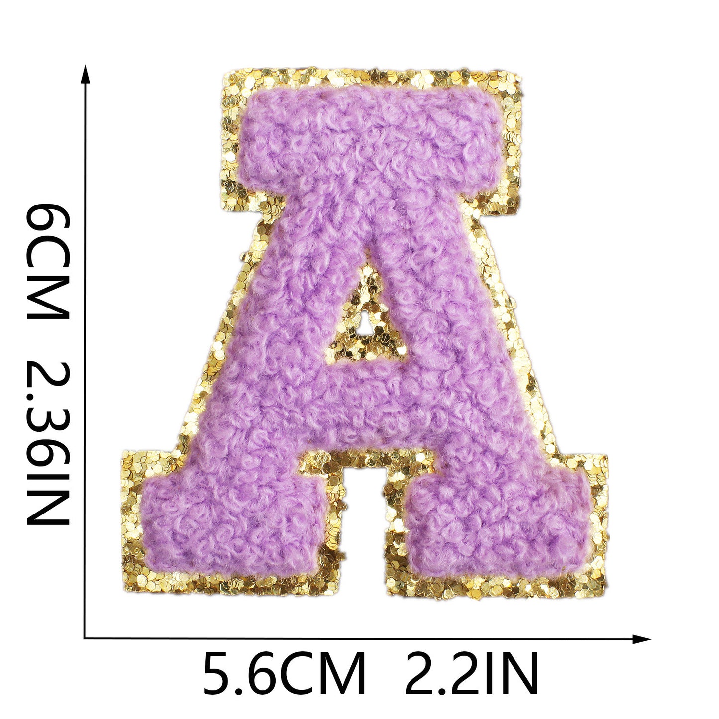 Iron-On Chenille Letter Patch – 6cm Tall, Purple Letter with Gold Glitter Edge