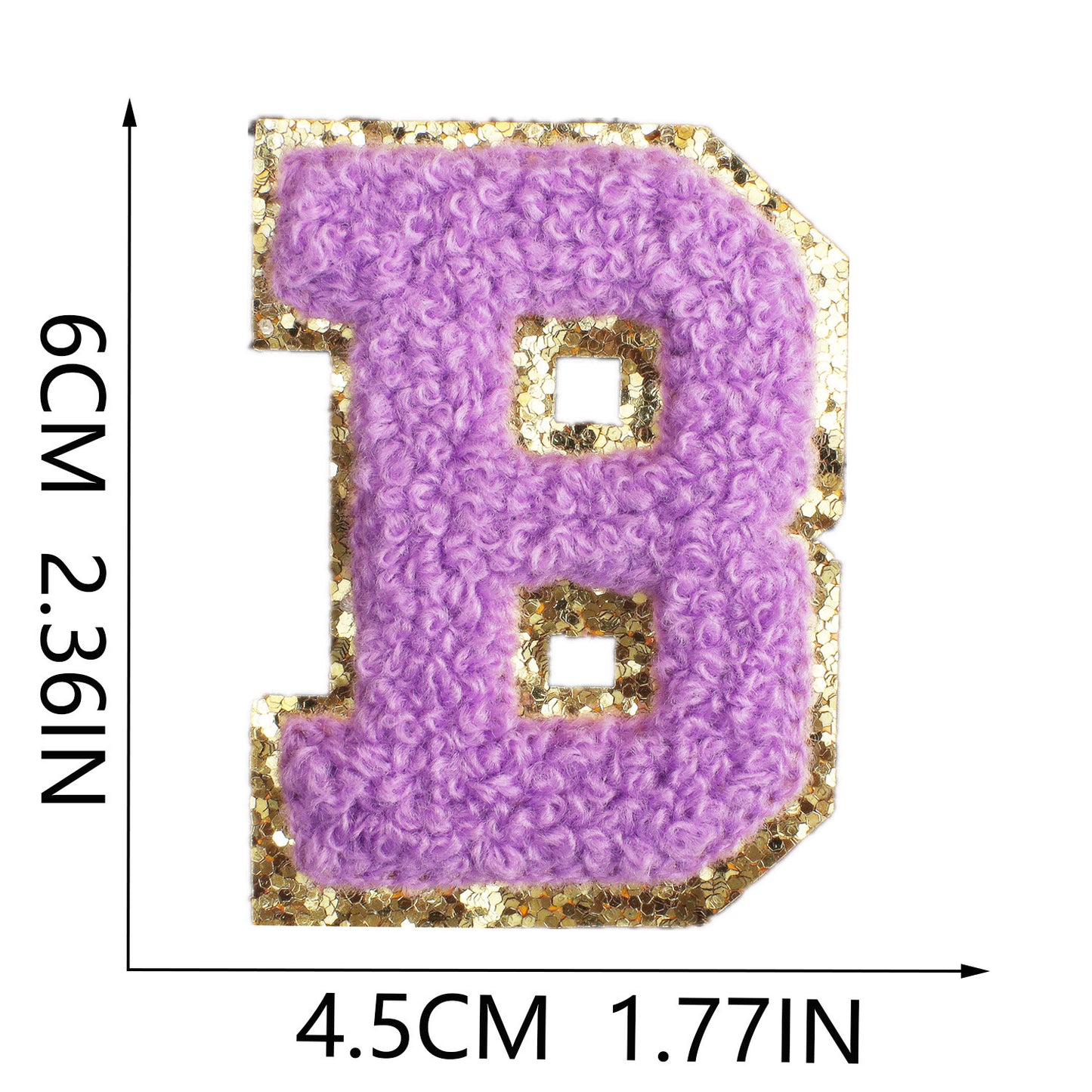 Iron-On Chenille Letter Patch – 6cm Tall, Purple Letter with Gold Glitter Edge