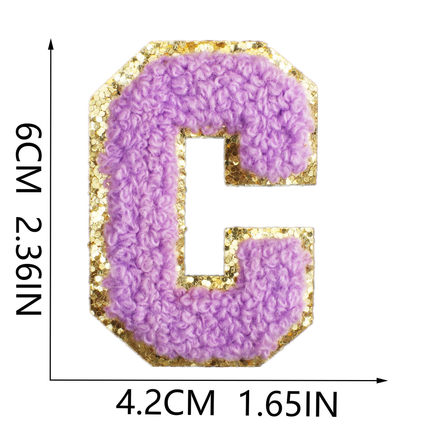 Iron-On Chenille Letter Patch – 6cm Tall, Purple Letter with Gold Glitter Edge