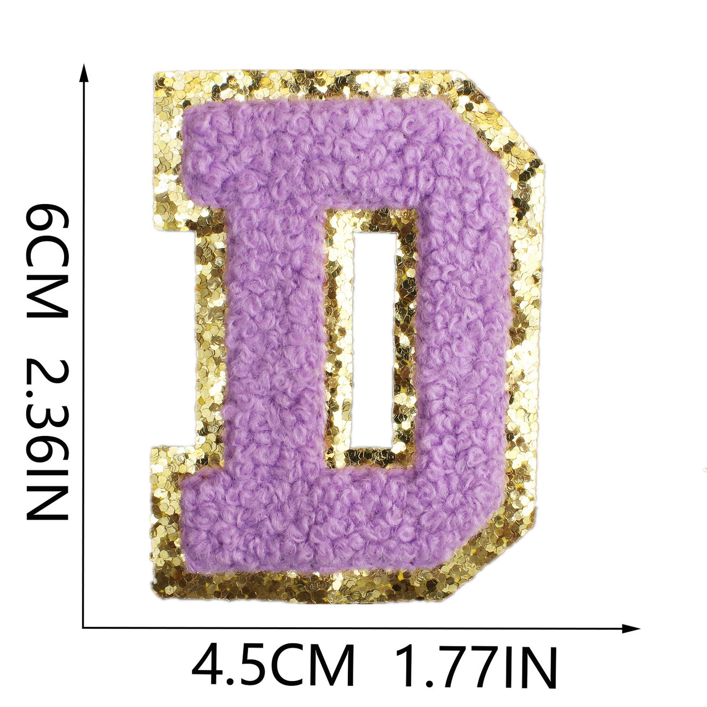 Iron-On Chenille Letter Patch – 6cm Tall, Purple Letter with Gold Glitter Edge