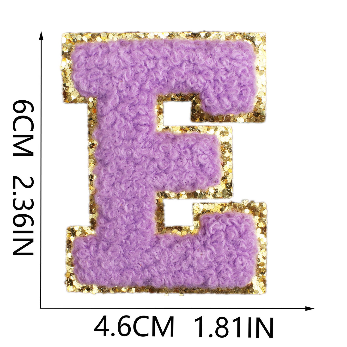 Iron-On Chenille Letter Patch – 6cm Tall, Purple Letter with Gold Glitter Edge