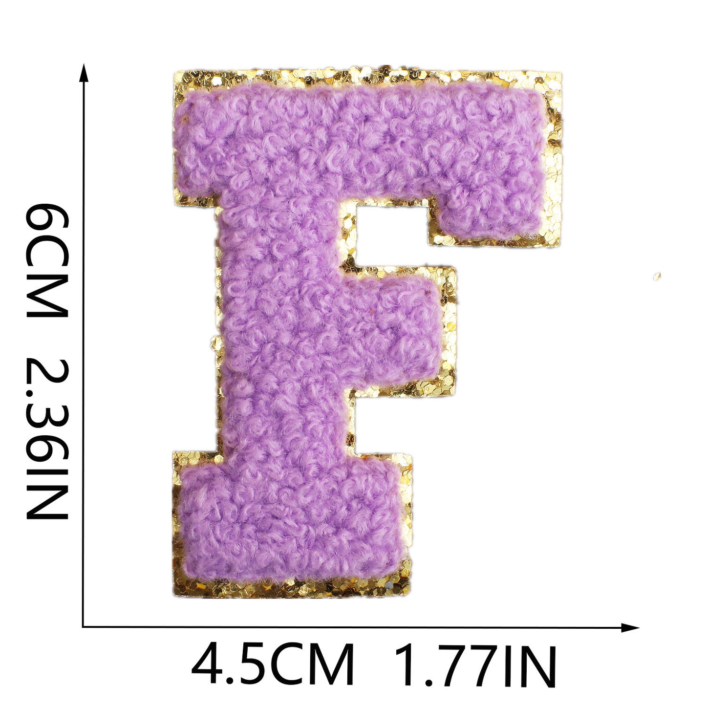 Iron-On Chenille Letter Patch – 6cm Tall, Purple Letter with Gold Glitter Edge