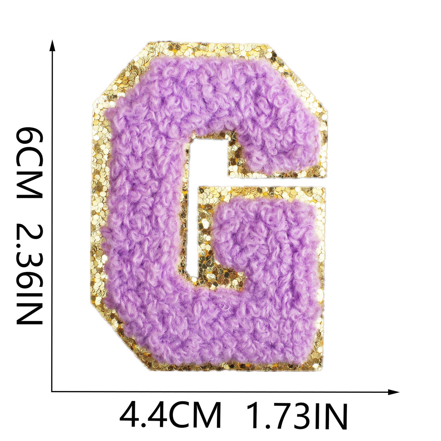 Iron-On Chenille Letter Patch – 6cm Tall, Purple Letter with Gold Glitter Edge