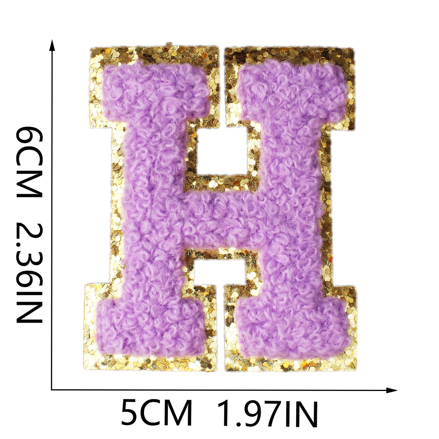 Iron-On Chenille Letter Patch – 6cm Tall, Purple Letter with Gold Glitter Edge