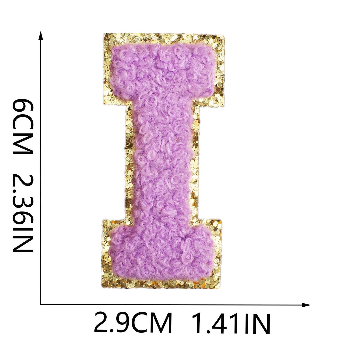 Iron-On Chenille Letter Patch – 6cm Tall, Purple Letter with Gold Glitter Edge