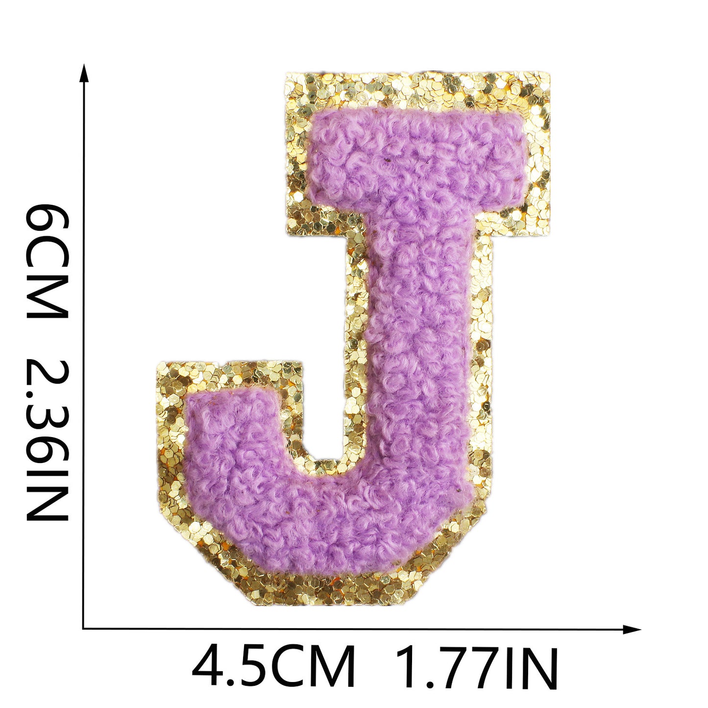 Iron-On Chenille Letter Patch – 6cm Tall, Purple Letter with Gold Glitter Edge