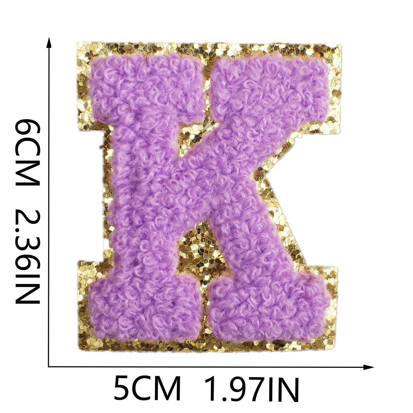 Iron-On Chenille Letter Patch – 6cm Tall, Purple Letter with Gold Glitter Edge
